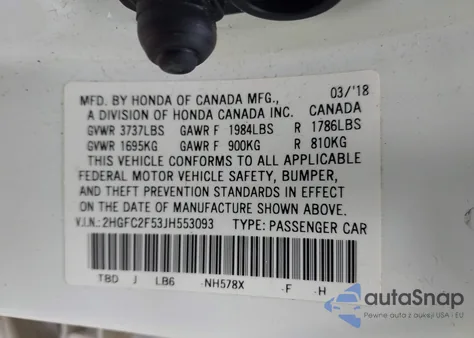 2018 Honda Civic Lx z USA, uszkodzony, nr VIN 2HGFC2F53JH553093